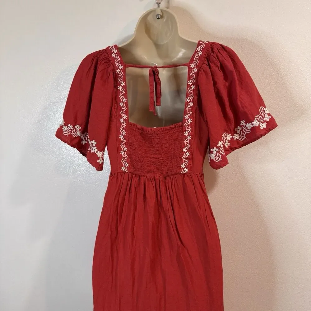 Old Navy Shirt Dress S Midi Smocked Embroidered Prairie Milkmaid Red White Boho - Picture 7 of 12